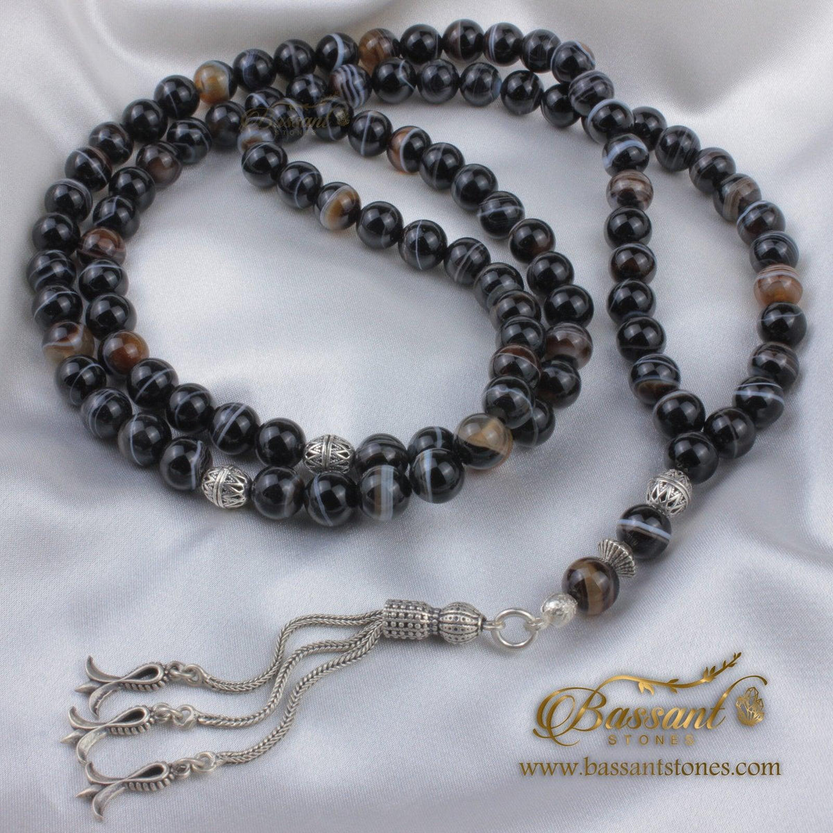 سبحة حجر كريم العقيق الأسود أونكس | أحجار كريمة و فضة عيار ٩٢٥ | Black Agate - Onyx gemstone Islamic prayer beads - Silver 925 | Bassant Jewellery