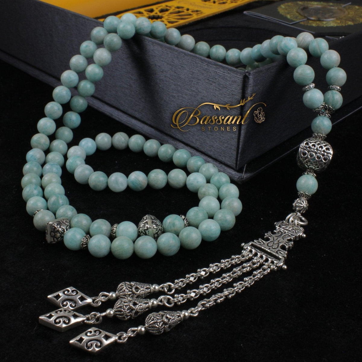 سبحة حجر كريم الأمازونيت | أحجار كريمة و فضة عيار ٩٢٥ | Amazonite gemstone Islamic prayer beads - Silver 925 | Bassant Jewellery