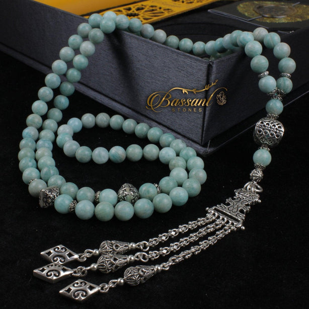 سبحة حجر كريم الأمازونيت | أحجار كريمة و فضة عيار ٩٢٥ | Amazonite gemstone Islamic prayer beads - Silver 925 | Bassant Jewellery