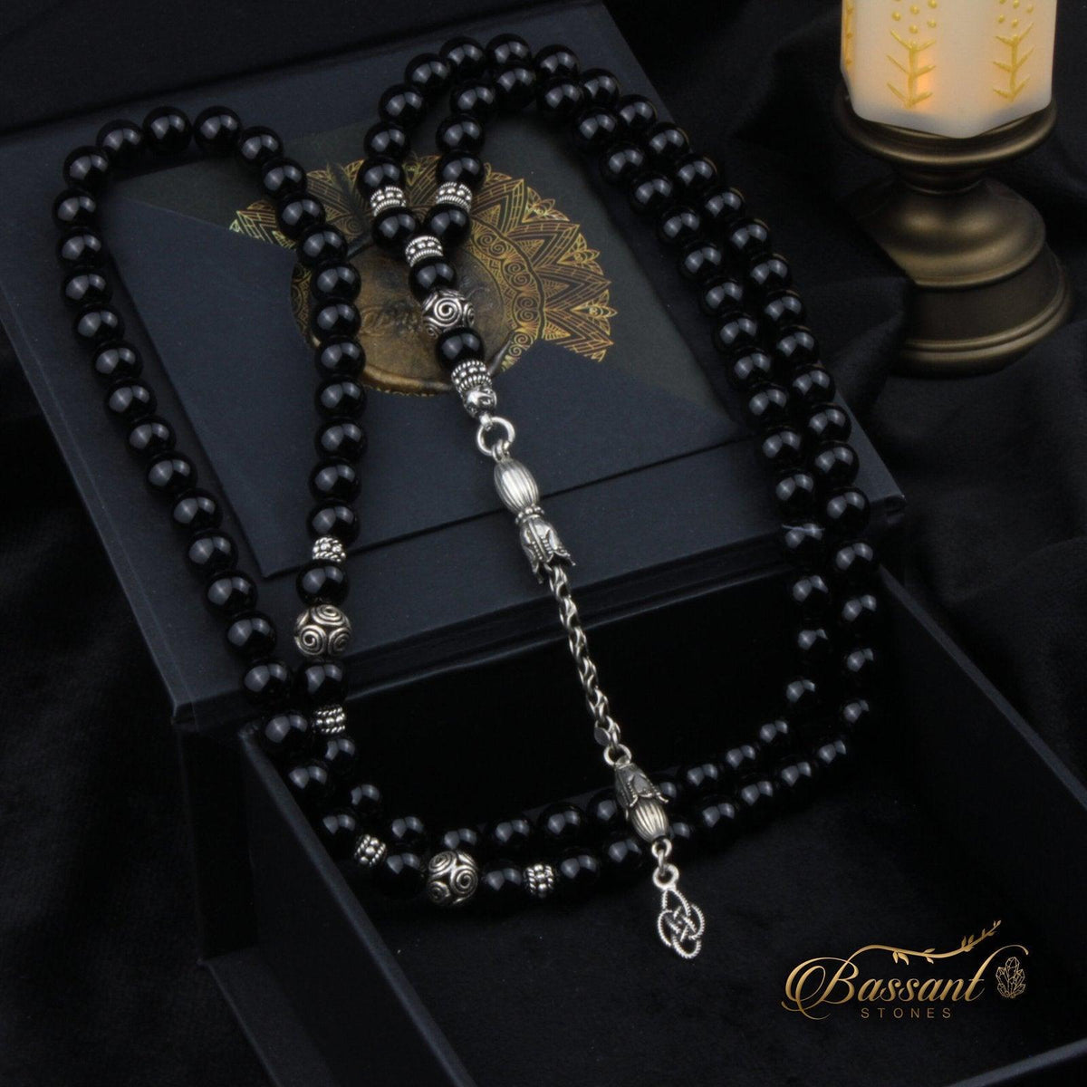 سبحة حجر كريم العقيق الأسود أونكس | أحجار كريمة و فضة عيار ٩٢٥ | Black Agate - Onyx gemstone Islamic prayer beads - Silver 925 | Bassant Jewellery