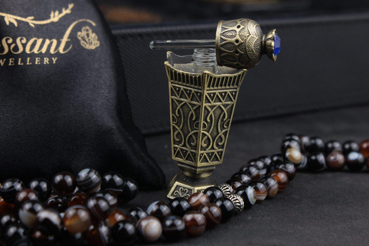 مسبحة عقيق أسود تصميم الكعبة ٣٣ خرزة فضة ٩٢٥ | Black Agate Kaaba Misbaha 33 Beads Silver 925 | Bassant Jewellery