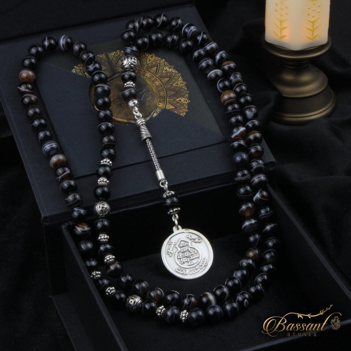 سبحة حجر كريم العقيق الأسود أونكس | أحجار كريمة و فضة عيار ٩٢٥ | Black Agate - Onyx gemstone Islamic prayer beads - Silver 925 | Bassant Jewellery