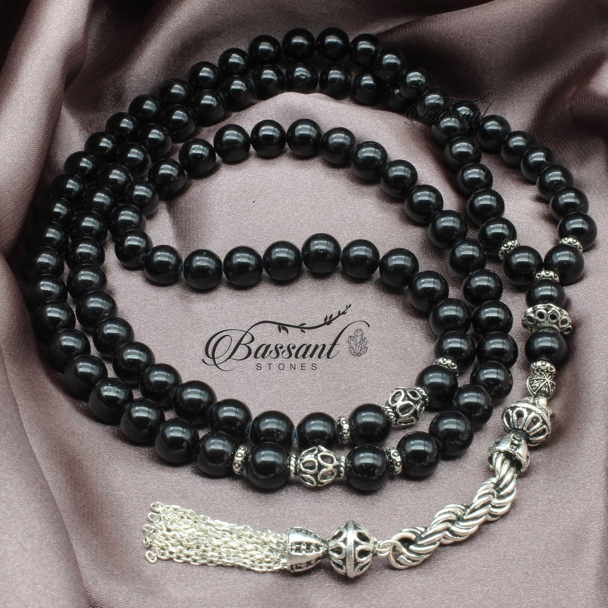 سبحة حجر كريم التورمالين الأسود الملكي | أحجار كريمة و فضة عيار ٩٢٥ | Black Tourmaline Royal gemstone Islamic prayer beads - Silver 925 | Bassant Jewellery