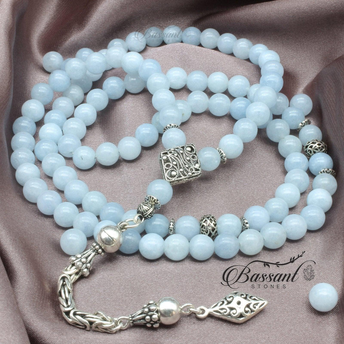 سبحة حجر كريم الأكوامارين الملكي | أحجار كريمة و فضة عيار ٩٢٥ | Aquamarine Royal gemstone Islamic prayer beads - Silver 925 | Bassant Jewellery