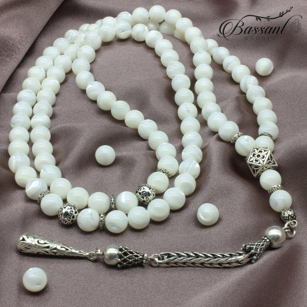 سبحة حجر كريم صدف تروكوس الأبيض الملكي | أحجار كريمة و فضة عيار ٩٢٥ | White Trochus Shell Royal gemstone Islamic prayer beads - Silver 925 | Bassant Jewellery