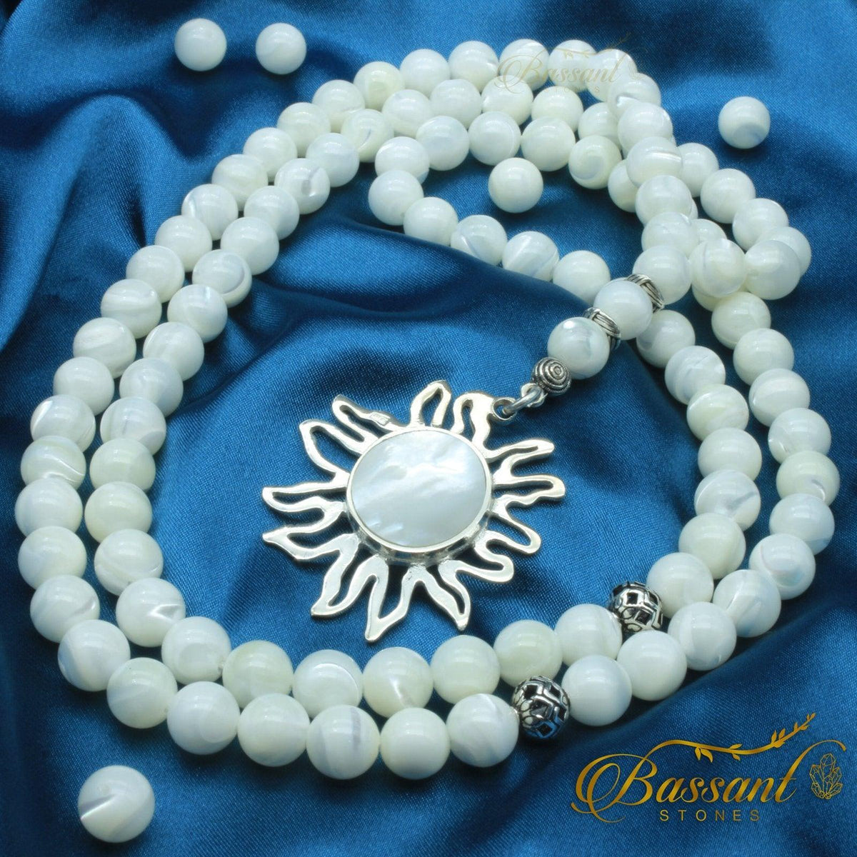 سبحة حجر كريم صدف تروكوس الأبيض | أحجار كريمة و فضة عيار ٩٢٥ | White Trochus Shell gemstone Islamic prayer beads - Silver 925 | Bassant Jewellery