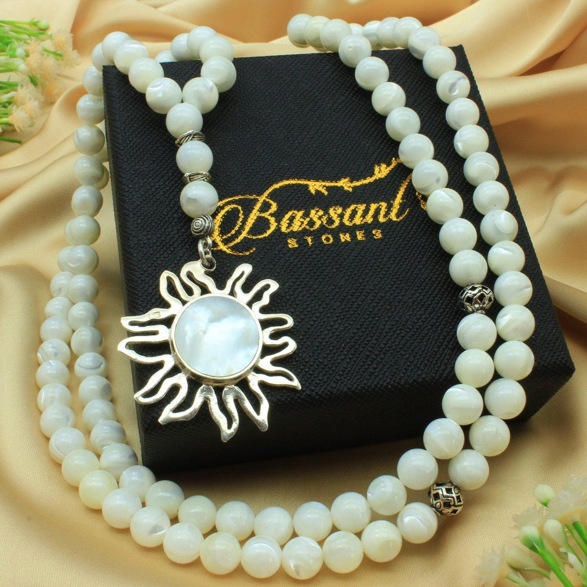 سبحة حجر كريم صدف تروكوس الأبيض | أحجار كريمة و فضة عيار ٩٢٥ | White Trochus Shell gemstone Islamic prayer beads - Silver 925 | Bassant Jewellery