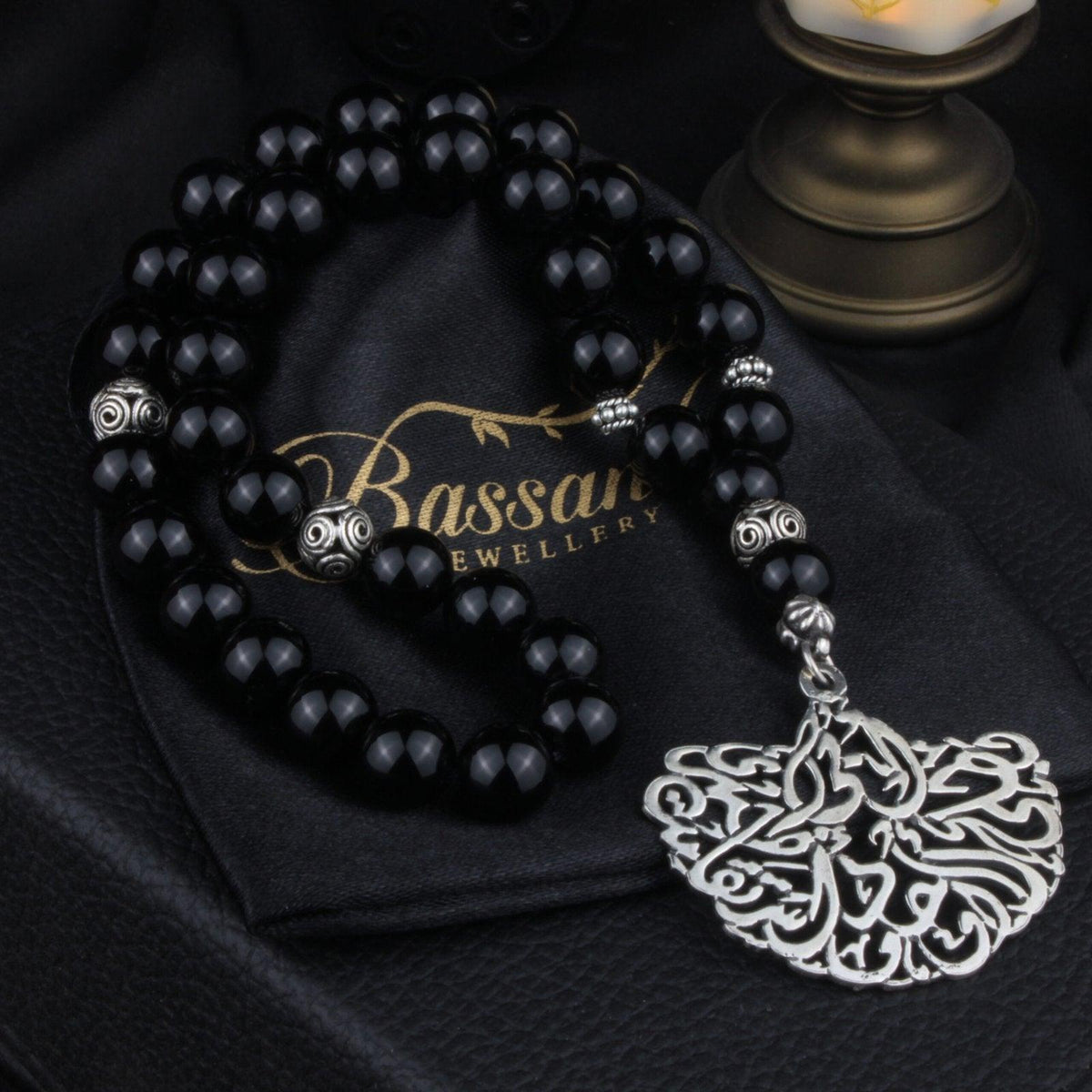 سبحة حجر كريم العقيق الأسود أونكس | أحجار كريمة و فضة عيار ٩٢٥ | Black Agate - Onyx gemstone Islamic prayer beads - Silver 925 | Bassant Jewellery