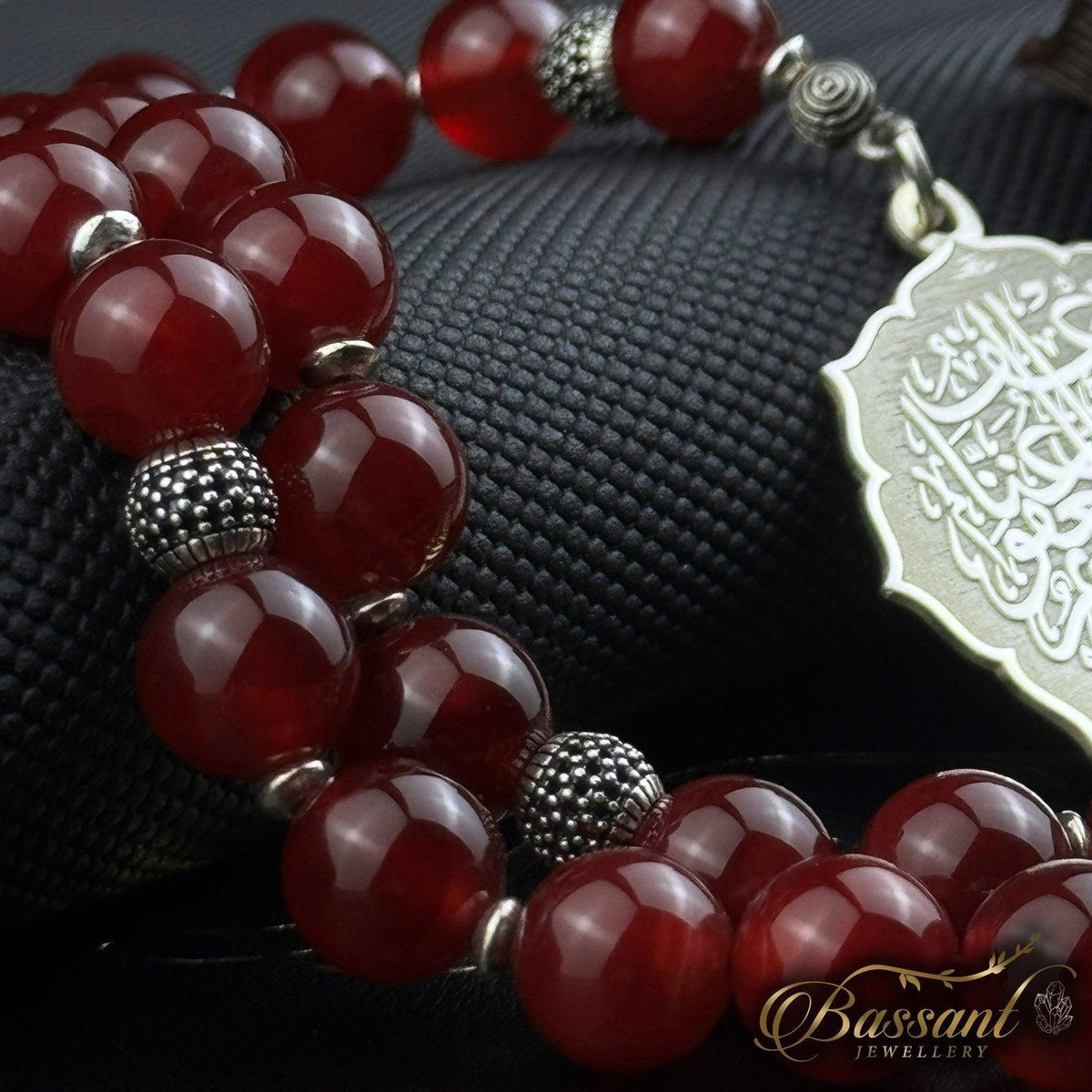 سبحة حجر كريم العقيق الأحمر | أحجار كريمة و فضة عيار ٩٢٥ | Red Agate gemstone Islamic prayer beads - Silver 925 | Bassant Jewellery