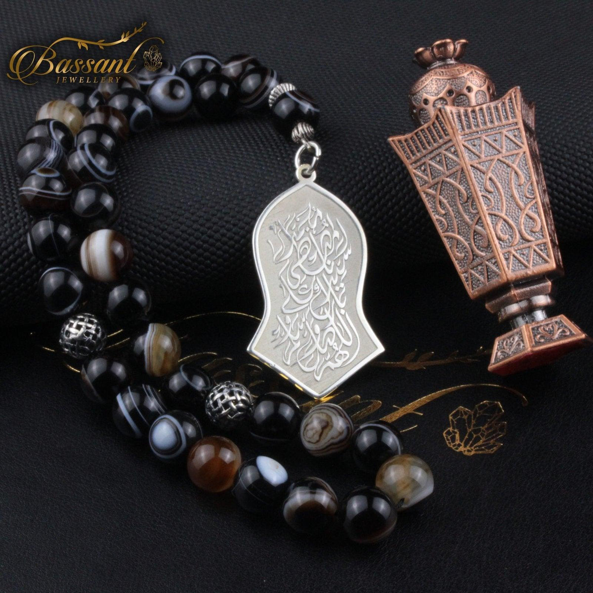 سبحة حجر كريم العقيق السليماني | أحجار كريمة و فضة عيار ٩٢٥ | Suleiman Agate gemstone Islamic prayer beads - Silver 925 | Bassant Jewellery