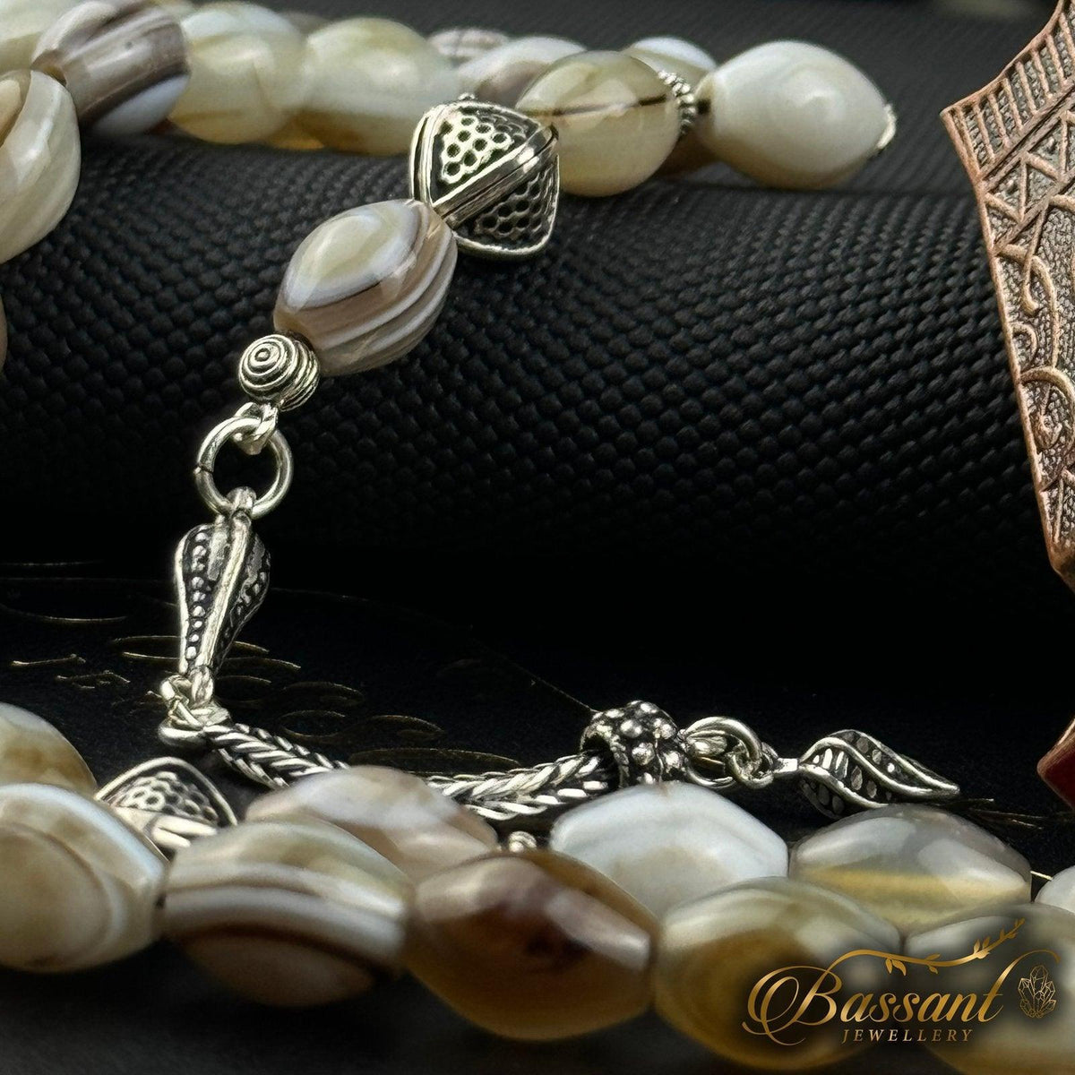 سبحة حجر كريم العقيق السليماني | أحجار كريمة و فضة عيار ٩٢٥ | Suleiman Agate gemstone Islamic prayer beads - Silver 925 | Bassant Jewellery