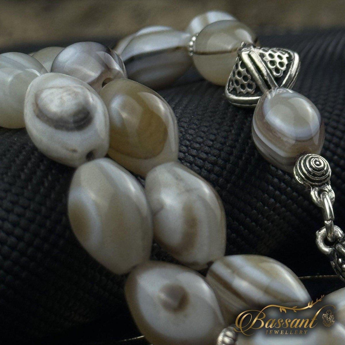 سبحة حجر كريم العقيق السليماني | أحجار كريمة و فضة عيار ٩٢٥ | Suleiman Agate gemstone Islamic prayer beads - Silver 925 | Bassant Jewellery