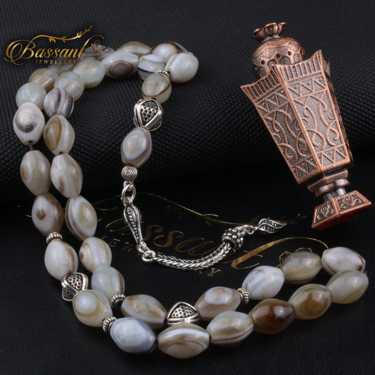 سبحة حجر كريم العقيق السليماني | أحجار كريمة و فضة عيار ٩٢٥ | Suleiman Agate gemstone Islamic prayer beads - Silver 925 | Bassant Jewellery