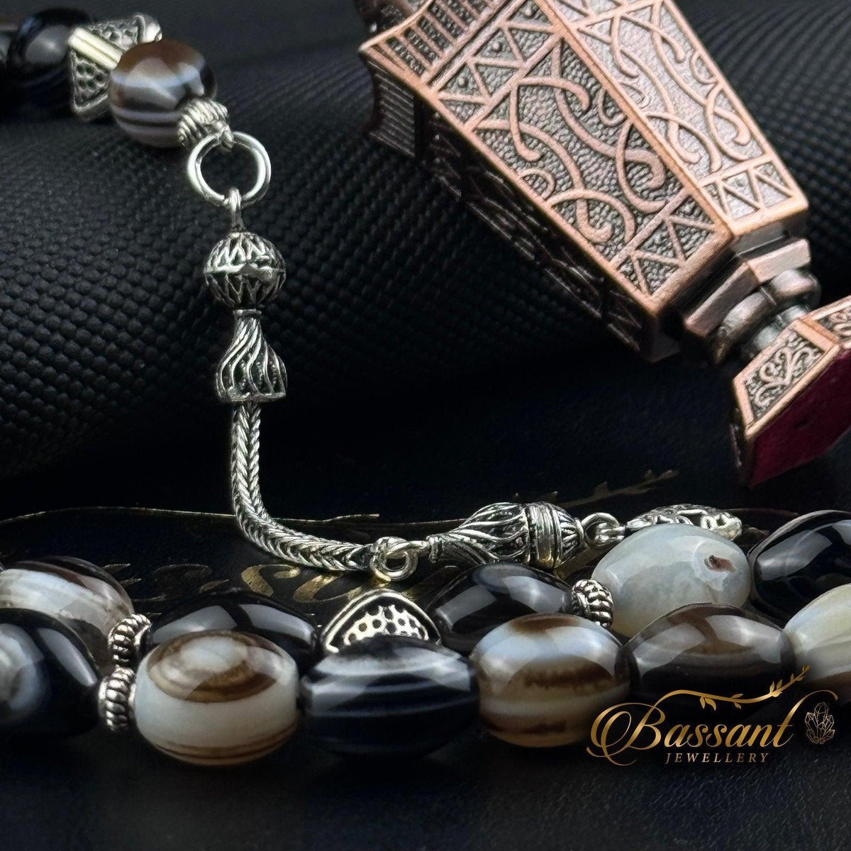 سبحة حجر كريم العقيق السليماني | أحجار كريمة و فضة عيار ٩٢٥ | Suleiman Agate gemstone Islamic prayer beads - Silver 925 | Bassant Jewellery