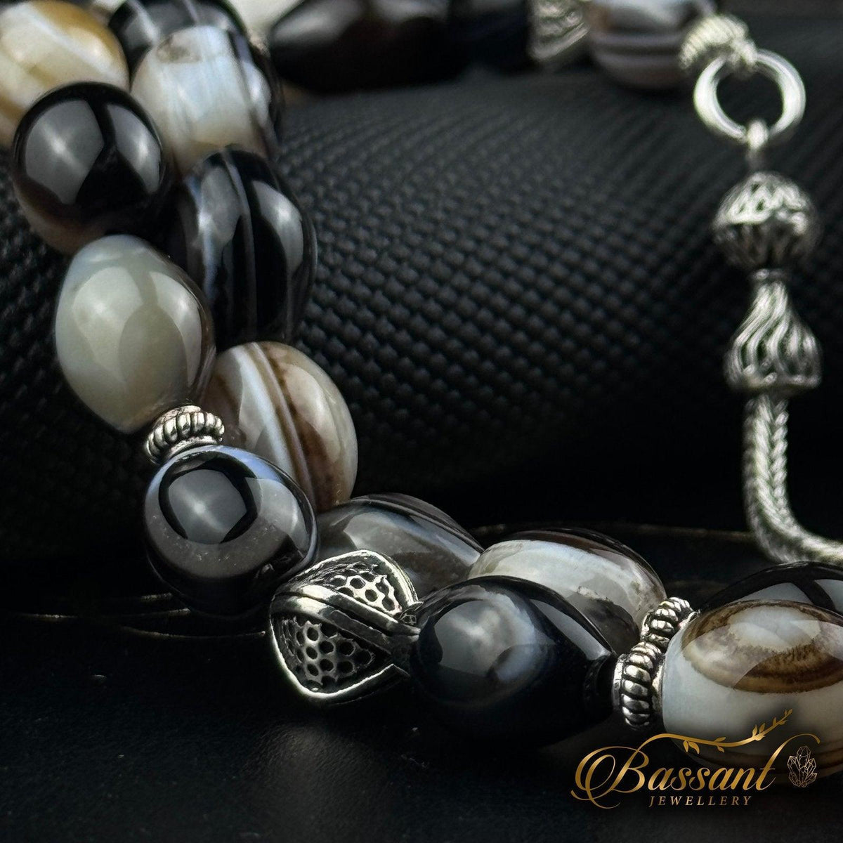 سبحة حجر كريم العقيق السليماني | أحجار كريمة و فضة عيار ٩٢٥ | Suleiman Agate gemstone Islamic prayer beads - Silver 925 | Bassant Jewellery