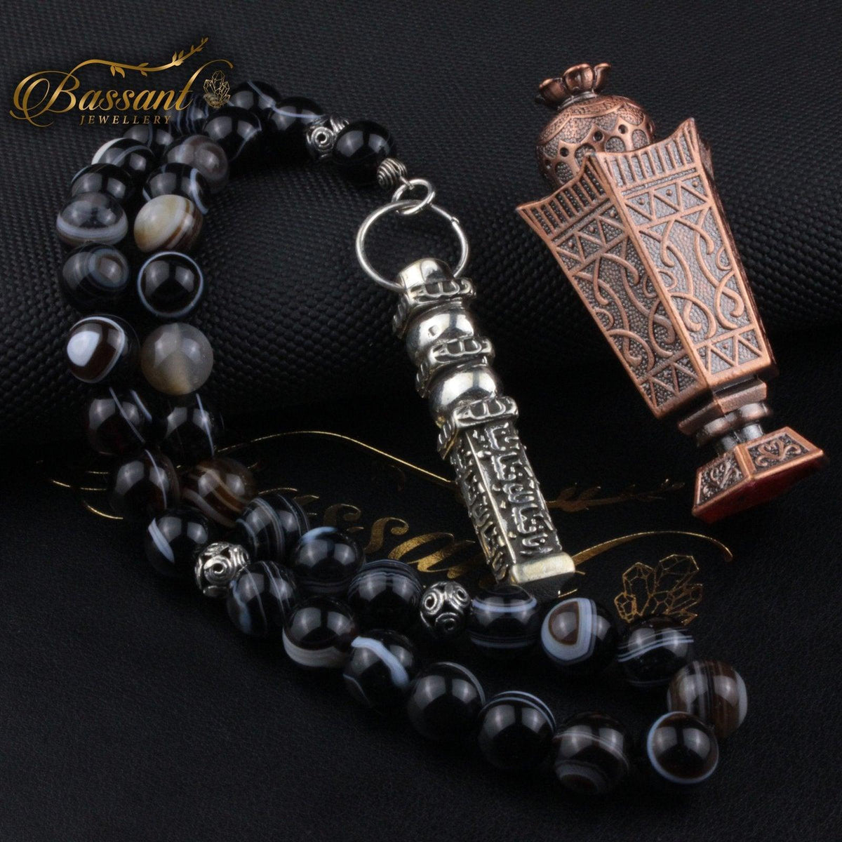 سبحة حجر كريم العقيق السليماني | أحجار كريمة و فضة عيار ٩٢٥ | Suleiman Agate gemstone Islamic prayer beads - Silver 925 | Bassant Jewellery