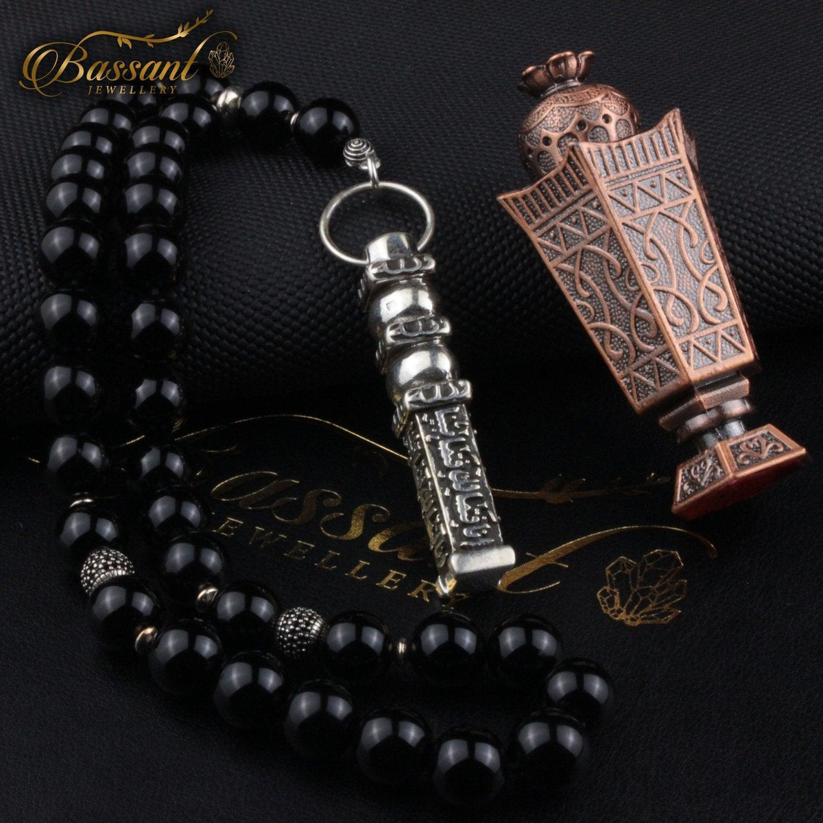سبحة حجر كريم العقيق الأسود أونكس | أحجار كريمة و فضة عيار ٩٢٥ | Black Agate - Onyx gemstone Islamic prayer beads - Silver 925 | Bassant Jewellery