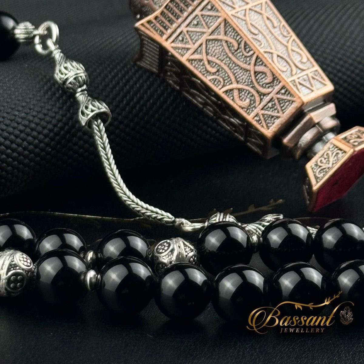 سبحة حجر كريم العقيق الأسود أونكس | أحجار كريمة و فضة عيار ٩٢٥ | Black Agate - Onyx gemstone Islamic prayer beads - Silver 925 | Bassant Jewellery