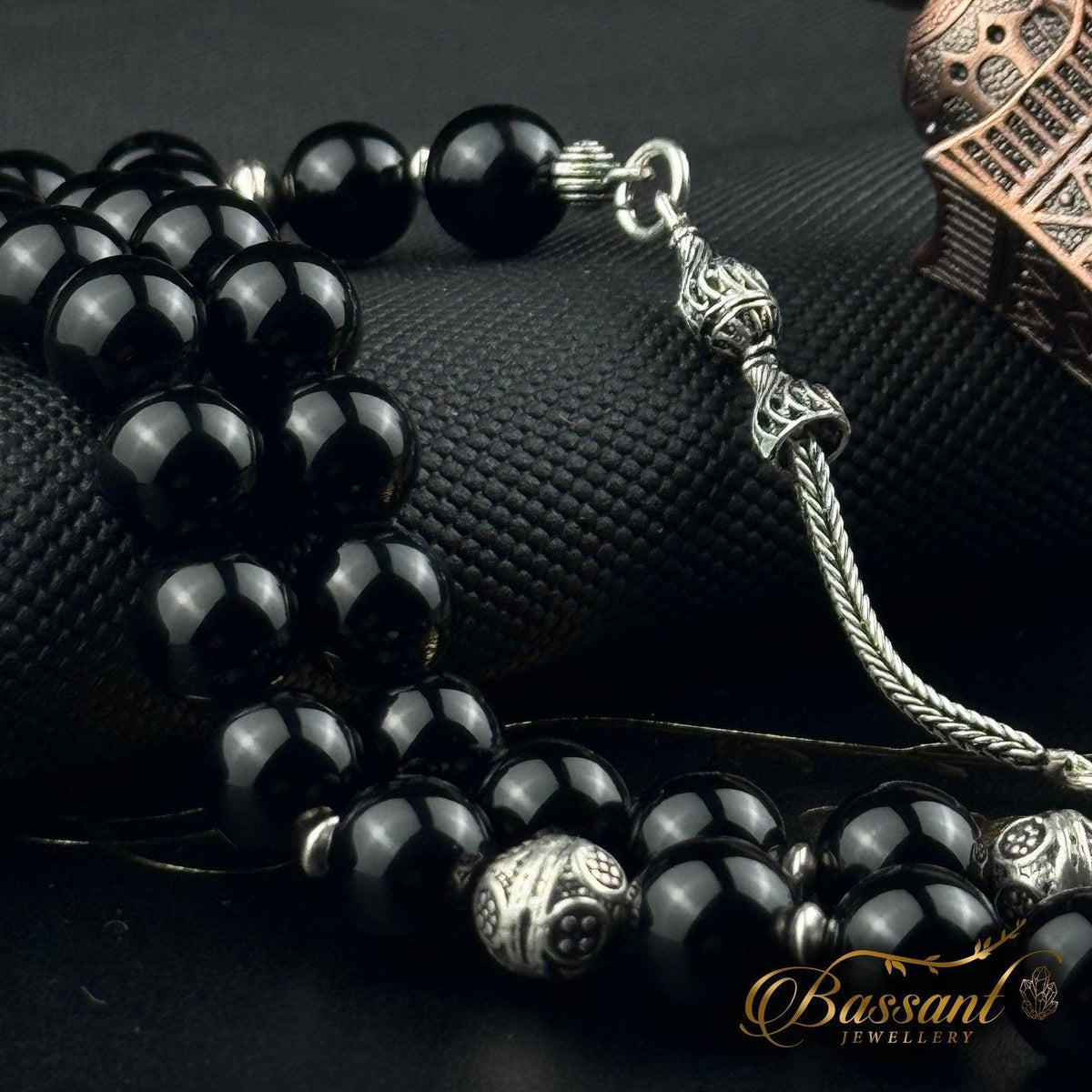 سبحة حجر كريم العقيق الأسود أونكس | أحجار كريمة و فضة عيار ٩٢٥ | Black Agate - Onyx gemstone Islamic prayer beads - Silver 925 | Bassant Jewellery