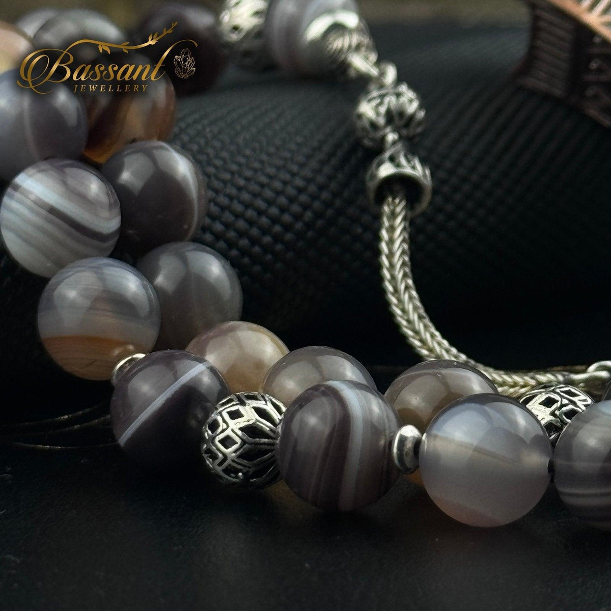 سبحة حجر كريم عقيق بوتسوانا | أحجار كريمة و فضة عيار ٩٢٥ | Botswana Agate gemstone Islamic prayer beads - Silver 925 | Bassant Jewellery