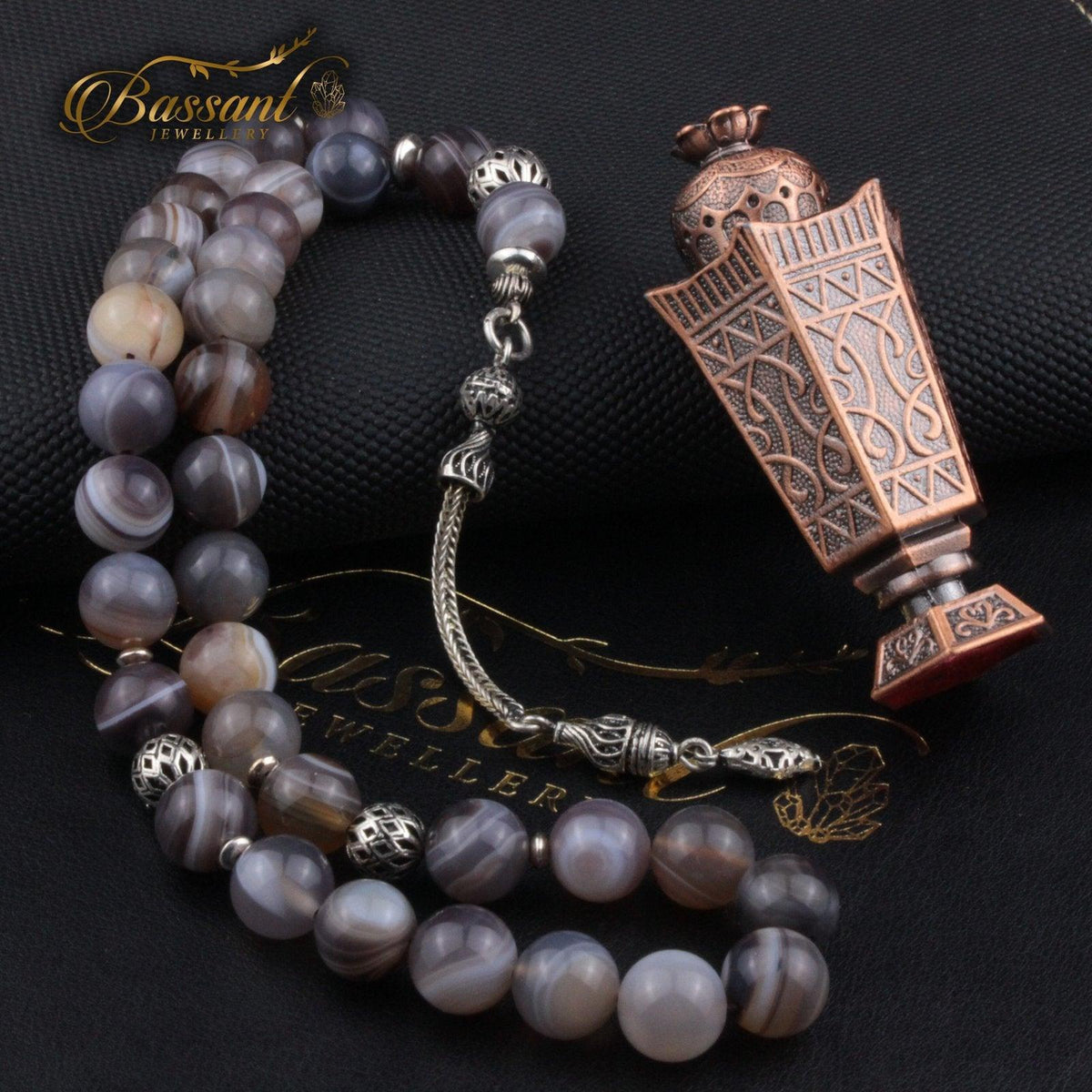 سبحة حجر كريم عقيق بوتسوانا | أحجار كريمة و فضة عيار ٩٢٥ | Botswana Agate gemstone Islamic prayer beads - Silver 925 | Bassant Jewellery