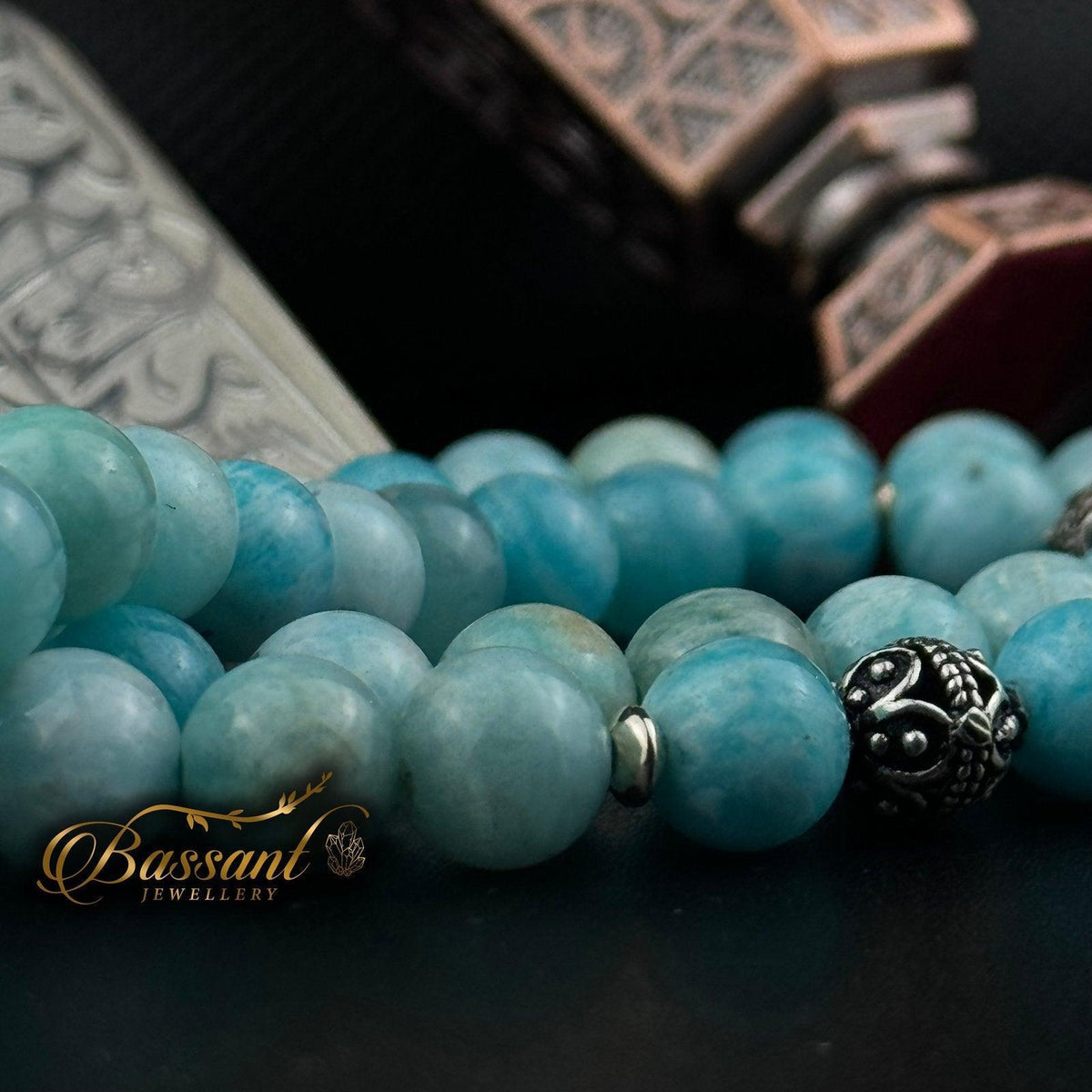 سبحة حجر كريم اللاريمار | أحجار كريمة و فضة عيار ٩٢٥ | Larimar gemstone Islamic prayer beads - Silver 925 | Bassant Jewellery