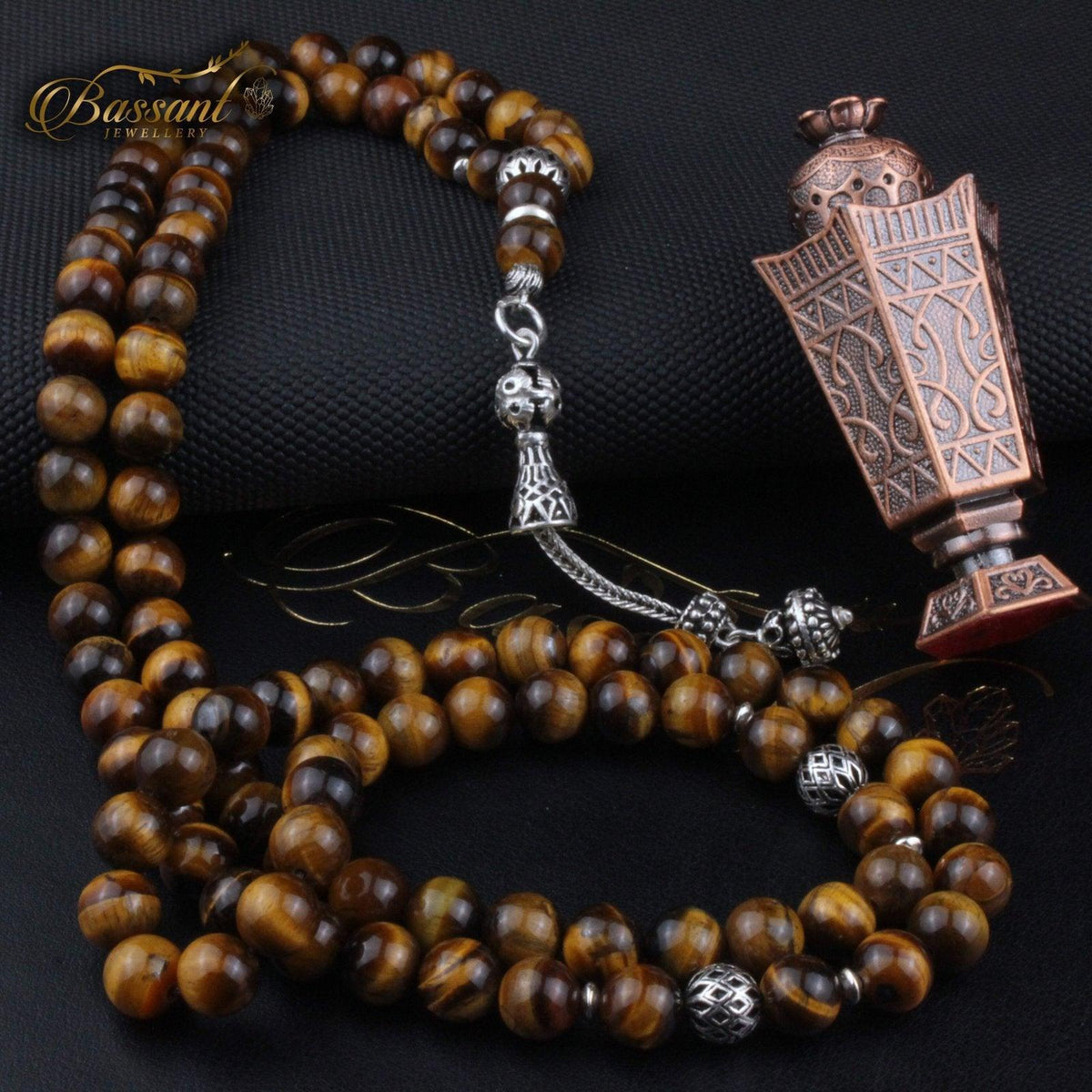 سبحة حجر كريم حجر عين النمر | أحجار كريمة و فضة عيار ٩٢٥ | Tiger Eye gemstone Islamic prayer beads - Silver 925 | Bassant Jewellery
