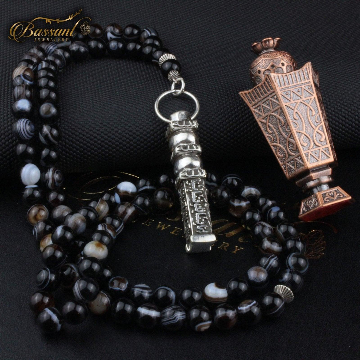 سبحة حجر كريم العقيق السليماني | أحجار كريمة و فضة عيار ٩٢٥ | Suleiman Agate gemstone Islamic prayer beads - Silver 925 | Bassant Jewellery