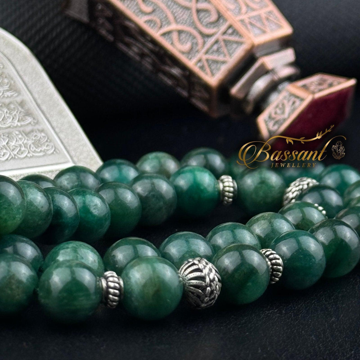 سبحة حجر كريم الأباتيت الأخضر | أحجار كريمة و فضة عيار ٩٢٥ | Green Apatite gemstone Islamic prayer beads - Silver 925 | Bassant Jewellery
