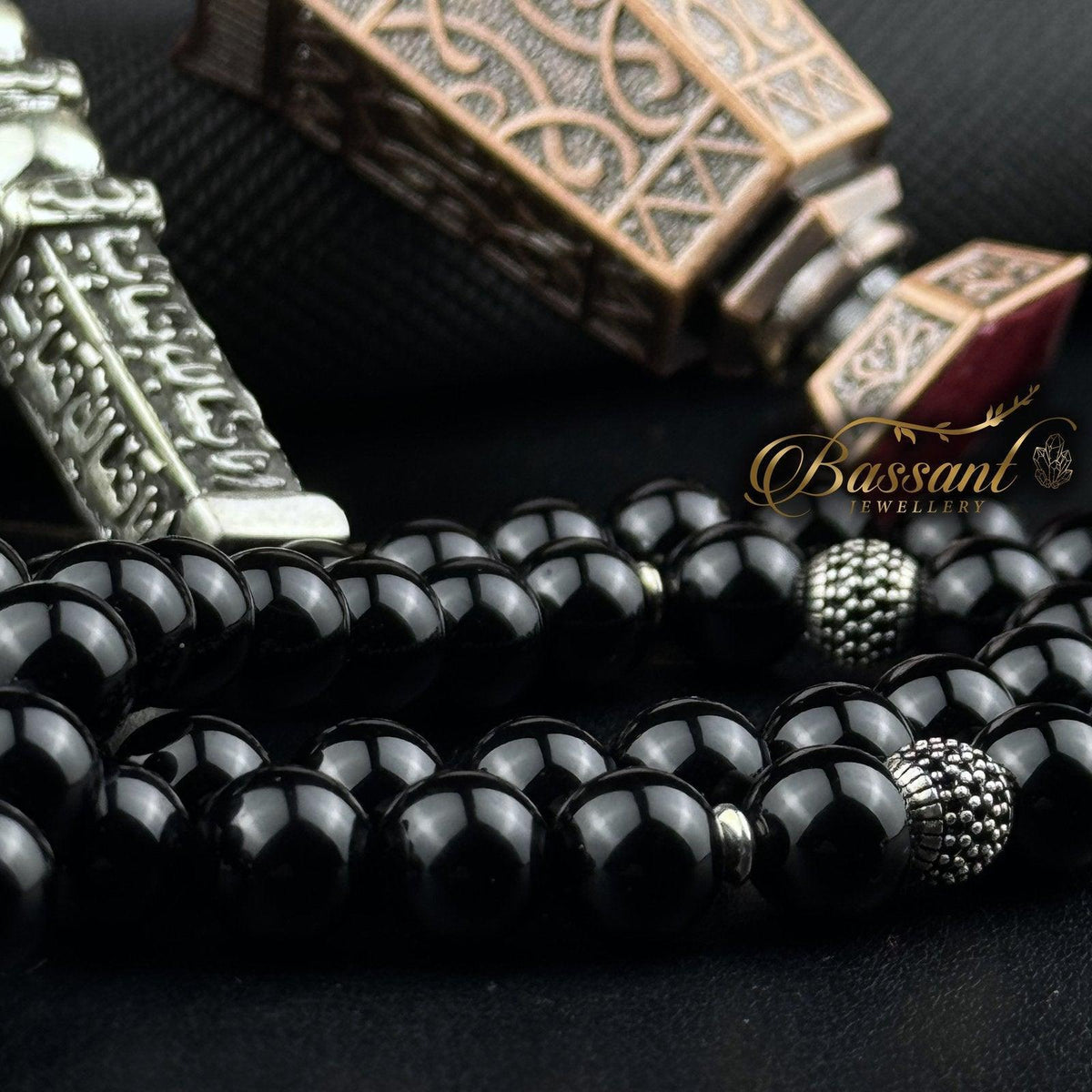 سبحة حجر كريم العقيق الأسود أونكس | أحجار كريمة و فضة عيار ٩٢٥ | Black Agate - Onyx gemstone Islamic prayer beads - Silver 925 | Bassant Jewellery