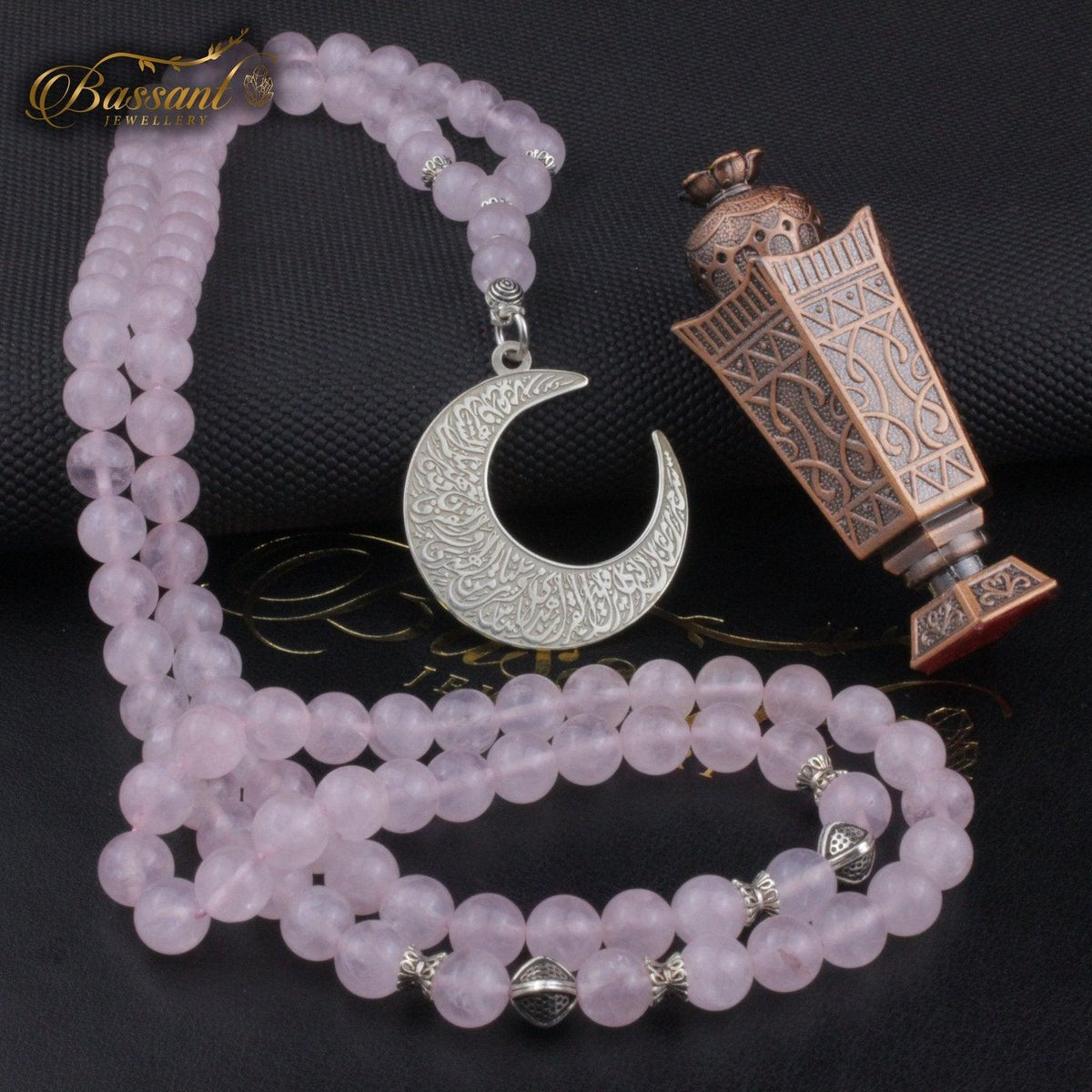 سبحة حجر كريم الكوارتز الوردي | أحجار كريمة و فضة عيار ٩٢٥ | Rose Quartz gemstone Islamic prayer beads - Silver 925 | Bassant Jewellery