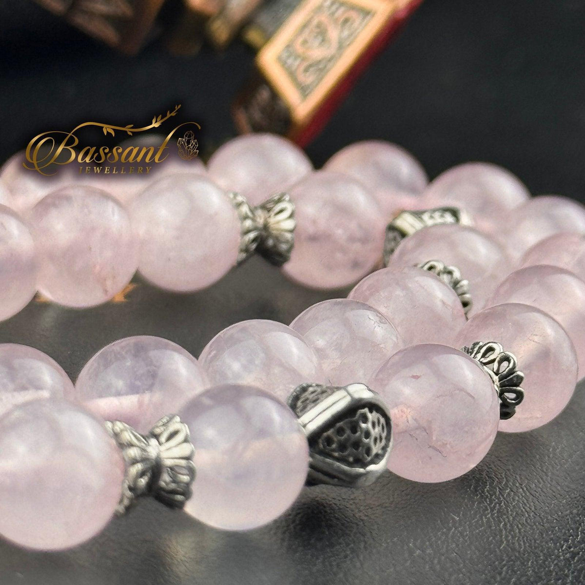 سبحة حجر كريم الكوارتز الوردي | أحجار كريمة و فضة عيار ٩٢٥ | Rose Quartz gemstone Islamic prayer beads - Silver 925 | Bassant Jewellery