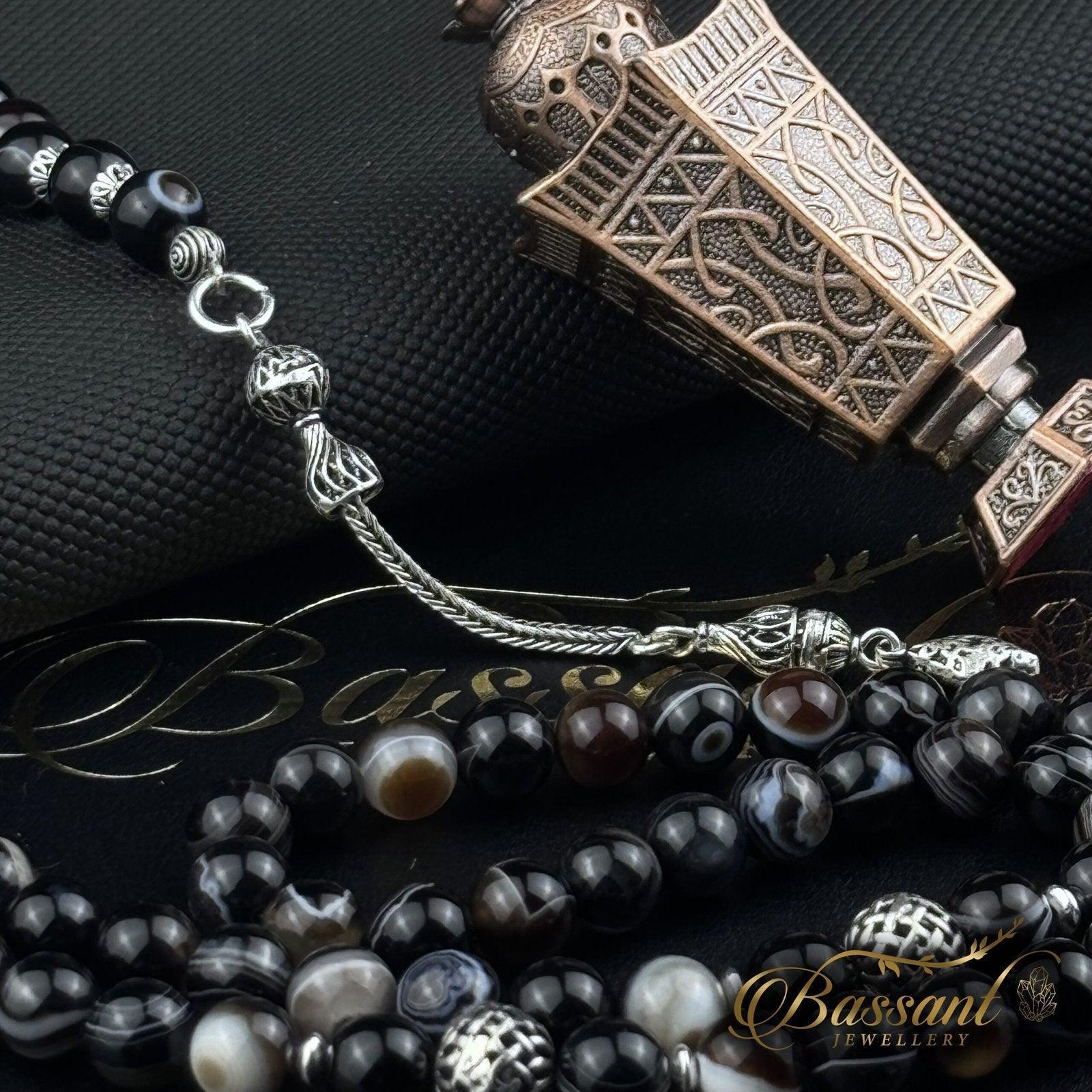 سبحة حجر كريم العقيق السليماني | أحجار كريمة و فضة عيار ٩٢٥ | Suleiman Agate gemstone Islamic prayer beads - Silver 925 | Bassant Jewellery