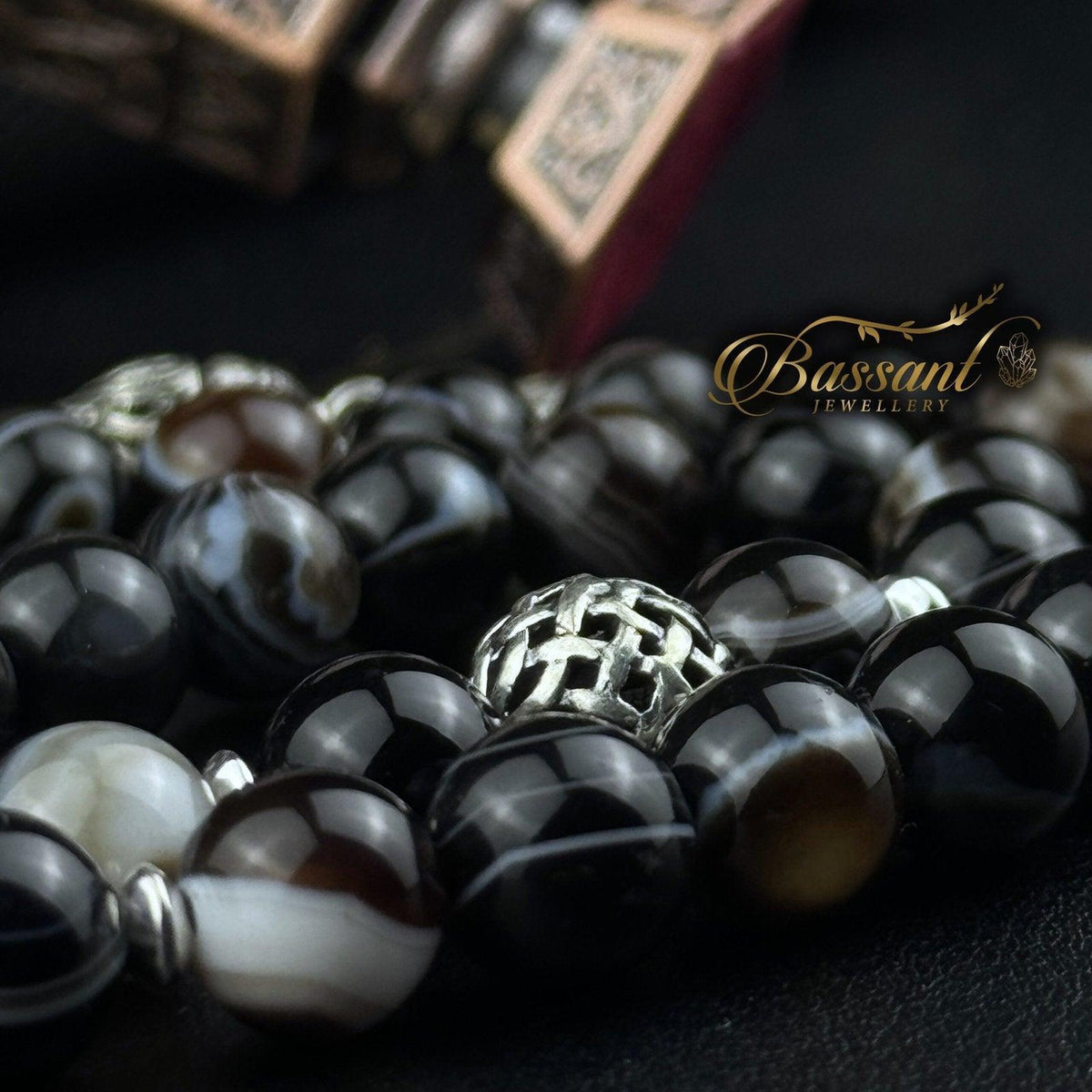 سبحة حجر كريم العقيق السليماني | أحجار كريمة و فضة عيار ٩٢٥ | Suleiman Agate gemstone Islamic prayer beads - Silver 925 | Bassant Jewellery