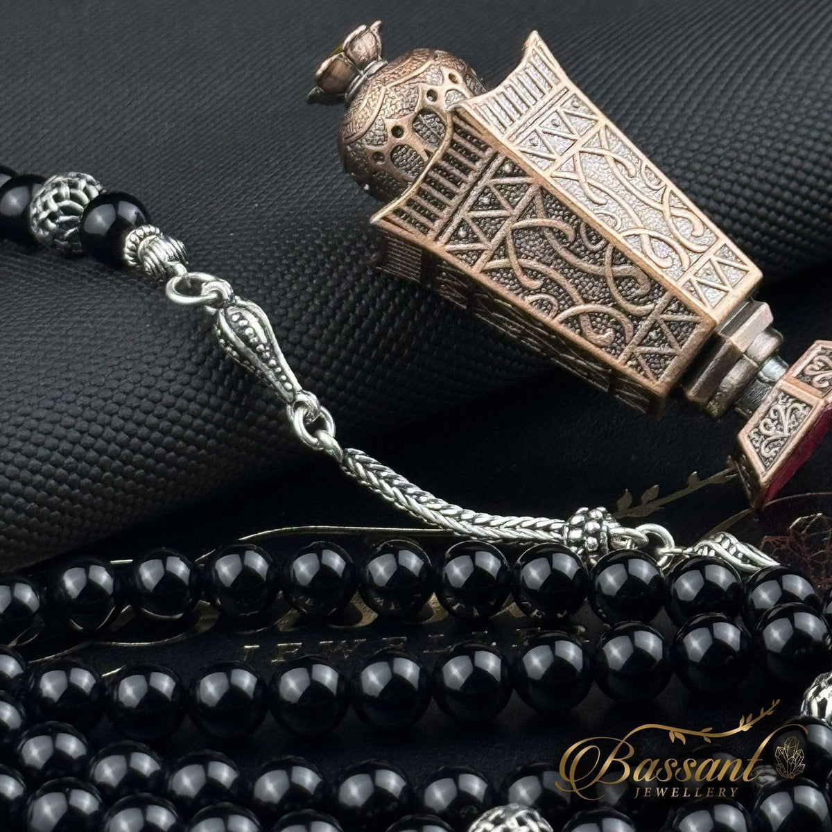 سبحة حجر كريم العقيق الأسود أونكس | أحجار كريمة و فضة عيار ٩٢٥ | Black Agate - Onyx gemstone Islamic prayer beads - Silver 925 | Bassant Jewellery