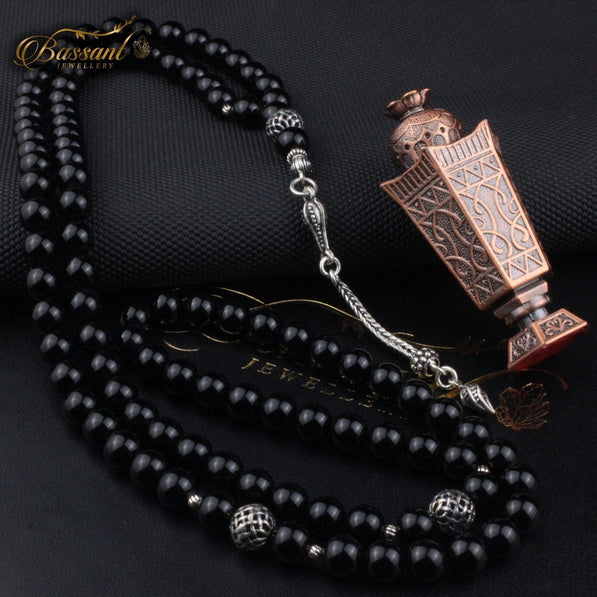 سبحة حجر كريم العقيق الأسود أونكس | أحجار كريمة و فضة عيار ٩٢٥ | Black Agate - Onyx gemstone Islamic prayer beads - Silver 925 | Bassant Jewellery
