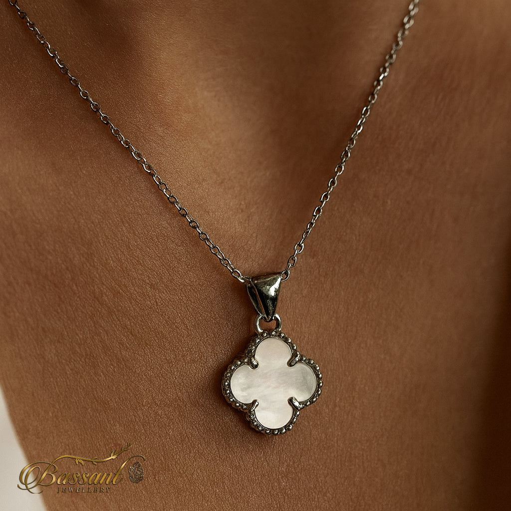 سلسلة فضة عيار ٩٢٥ Clover White | Clover White Sterling Silver 925 Necklace | Bassant Jewellery