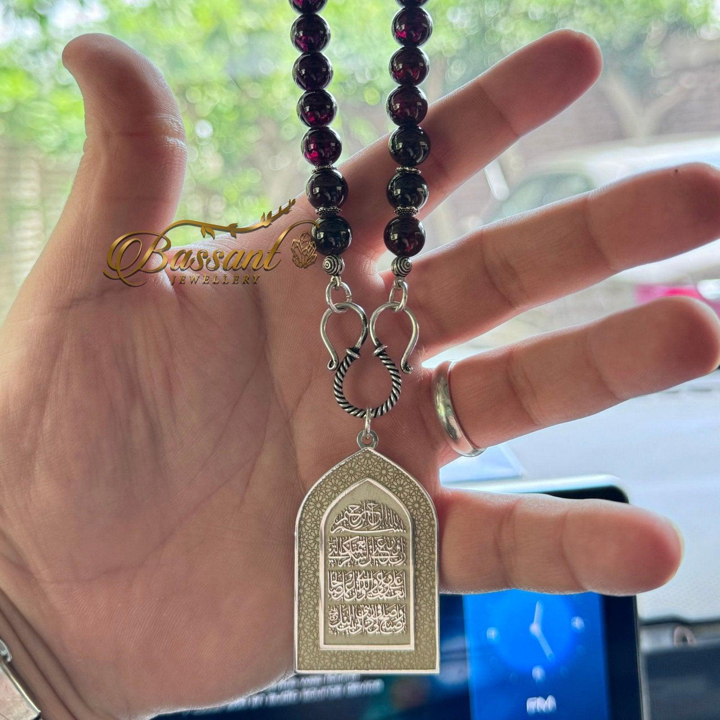 تعليقة مراية الجارنيت الألماندين أحجار كريمة وفضة عيار ٩٢٥ | Almandine Garnet Gemstone Mirror Hanging Silver 925 | Bassant Jewellery