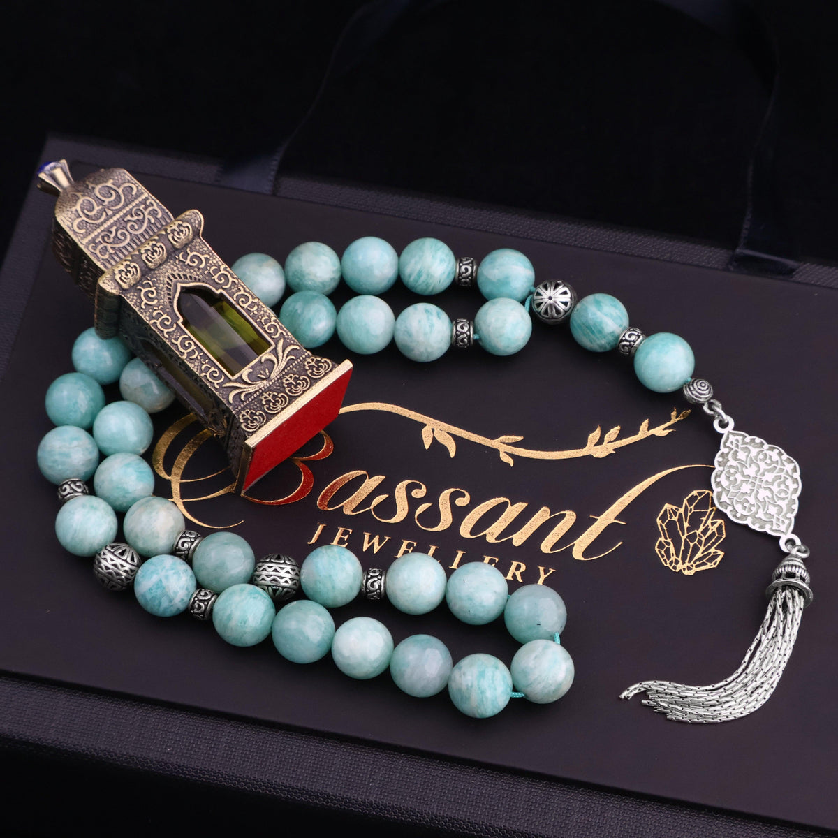 سبحة حجر كريم الأمازونيت | أحجار كريمة و فضة عيار ٩٢٥ | Amazonite gemstone Islamic prayer beads - Silver 925 | Bassant Jewellery