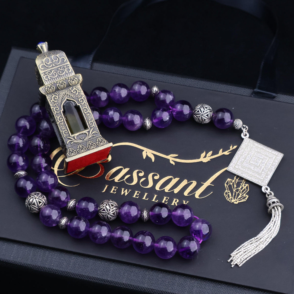 سبحة حجر كريم الأميثيست | أحجار كريمة و فضة عيار ٩٢٥ | Amethyst gemstone Islamic prayer beads - Silver 925 | Bassant Jewellery