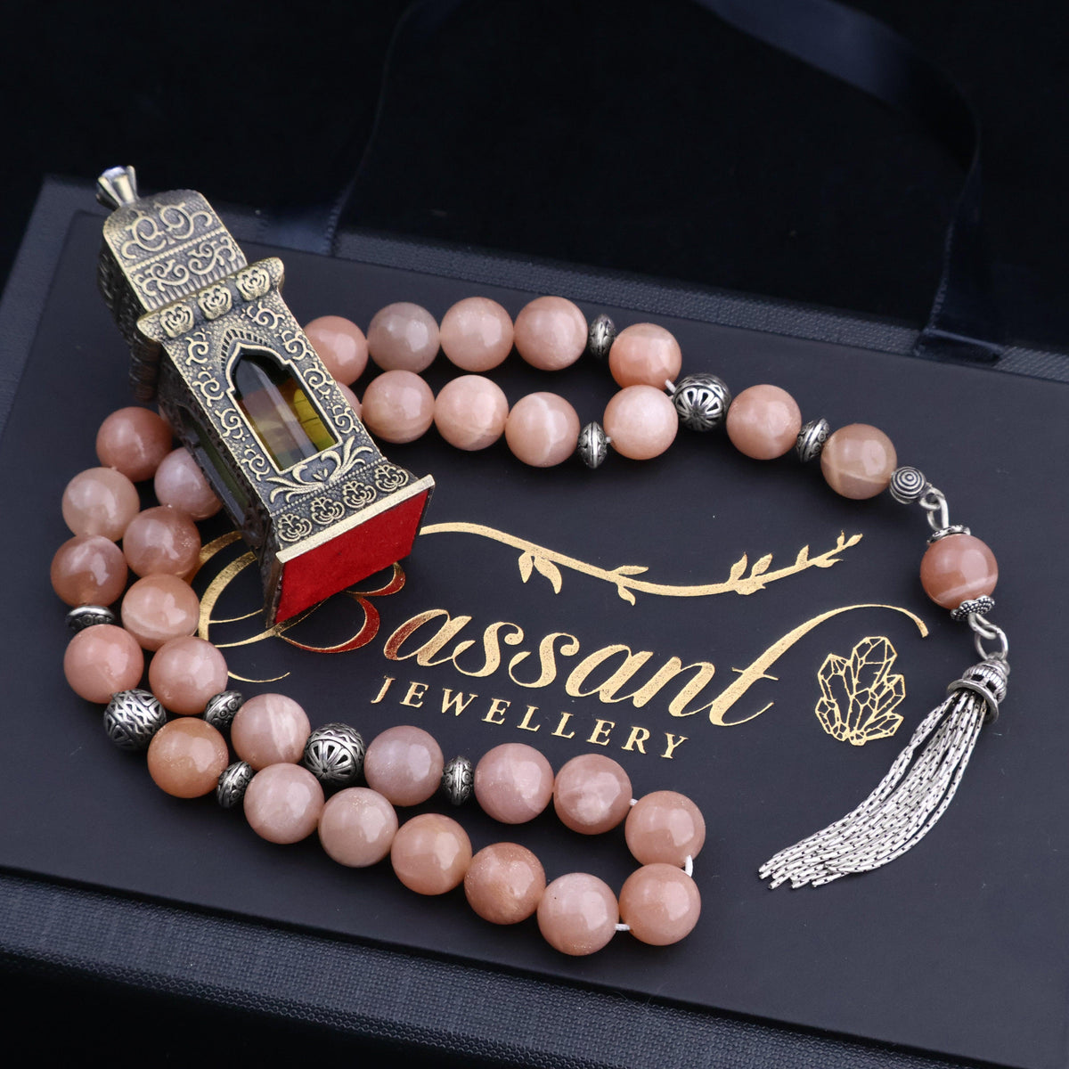 سبحة حجر كريم حجر الشمس | أحجار كريمة و فضة عيار ٩٢٥ | Sunstone gemstone Islamic prayer beads - Silver 925 | Bassant Jewellery