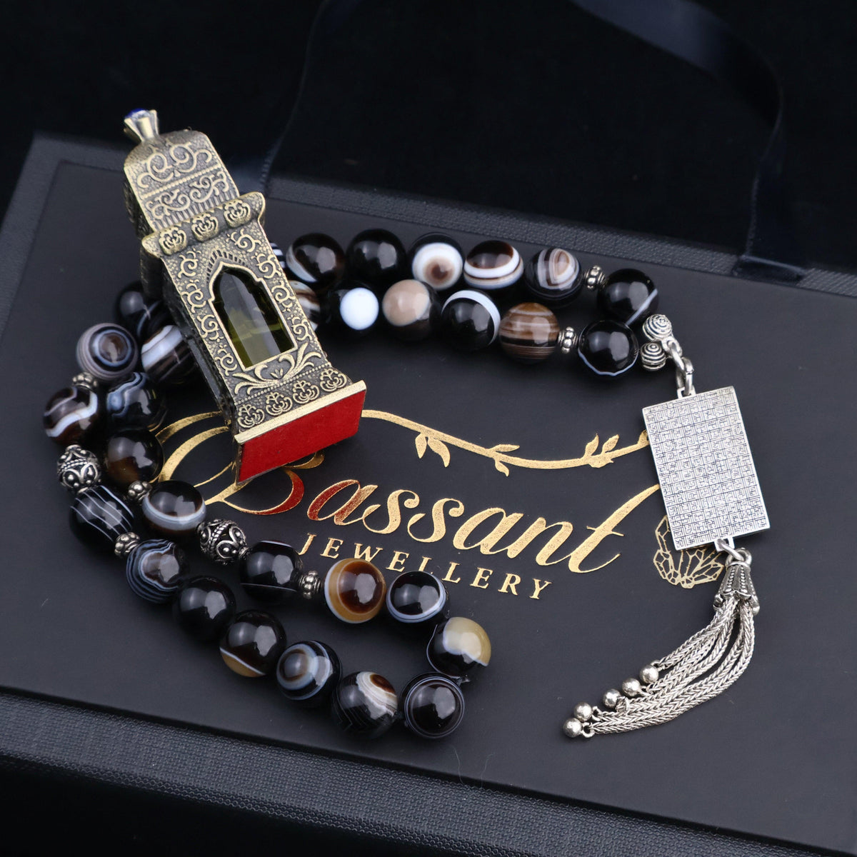سبحة حجر كريم العقيق السليماني | أحجار كريمة و فضة عيار ٩٢٥ | Suleiman Agate gemstone Islamic prayer beads - Silver 925 | Bassant Jewellery