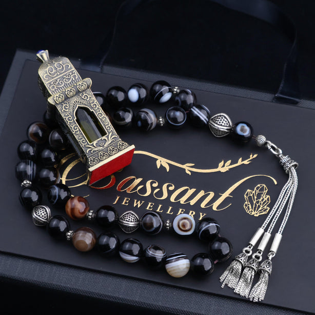 سبحة حجر كريم العقيق السليماني | أحجار كريمة و فضة عيار ٩٢٥ | Suleiman Agate gemstone Islamic prayer beads - Silver 925 | Bassant Jewellery