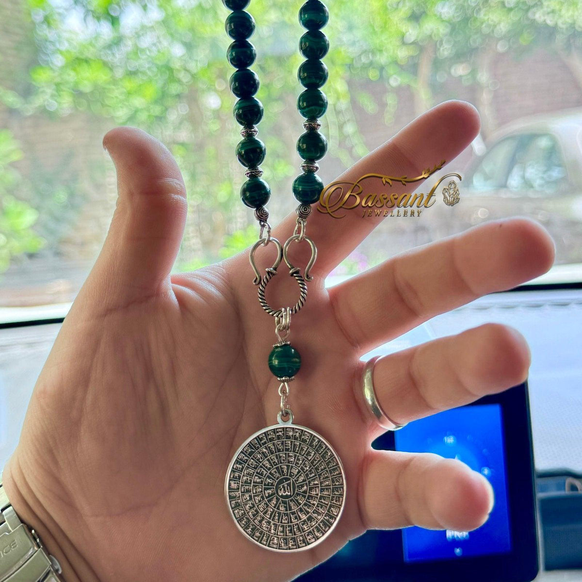 تعليقة مراية الملكيت أحجار كريمة وفضة عيار ٩٢٥ | Malachite Gemstone Mirror Hanging Silver 925 | Bassant Jewellery