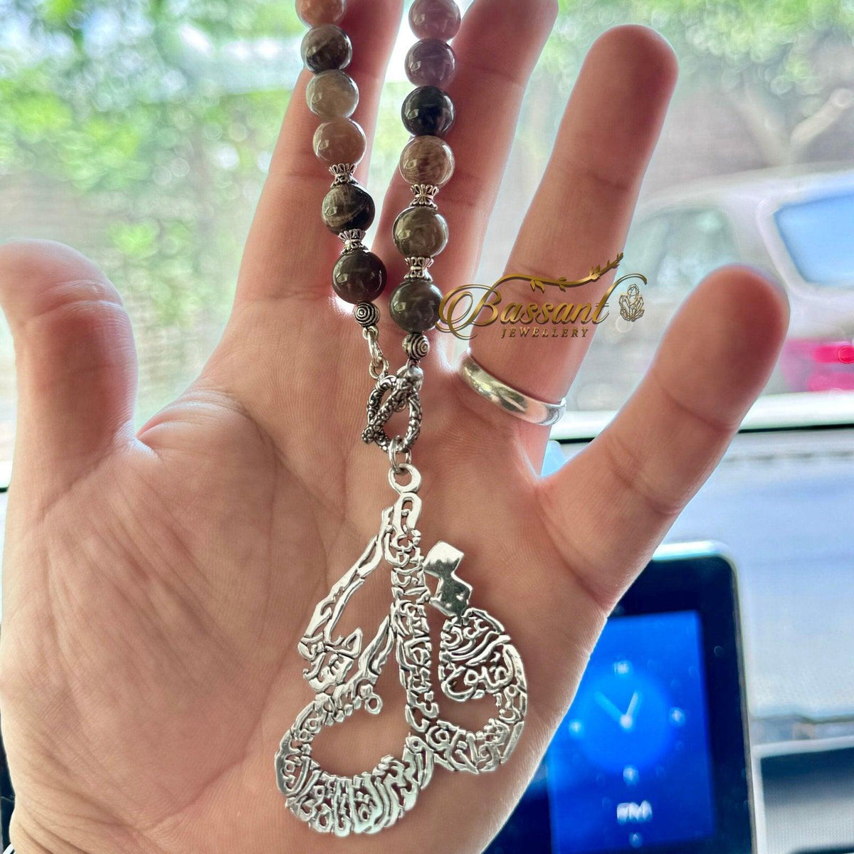 تعليقة مراية حجر القمر الموكا أحجار كريمة وفضة عيار ٩٢٥ | Mocha Moonstone Gemstone Mirror Hanging Silver 925 | Bassant Jewellery