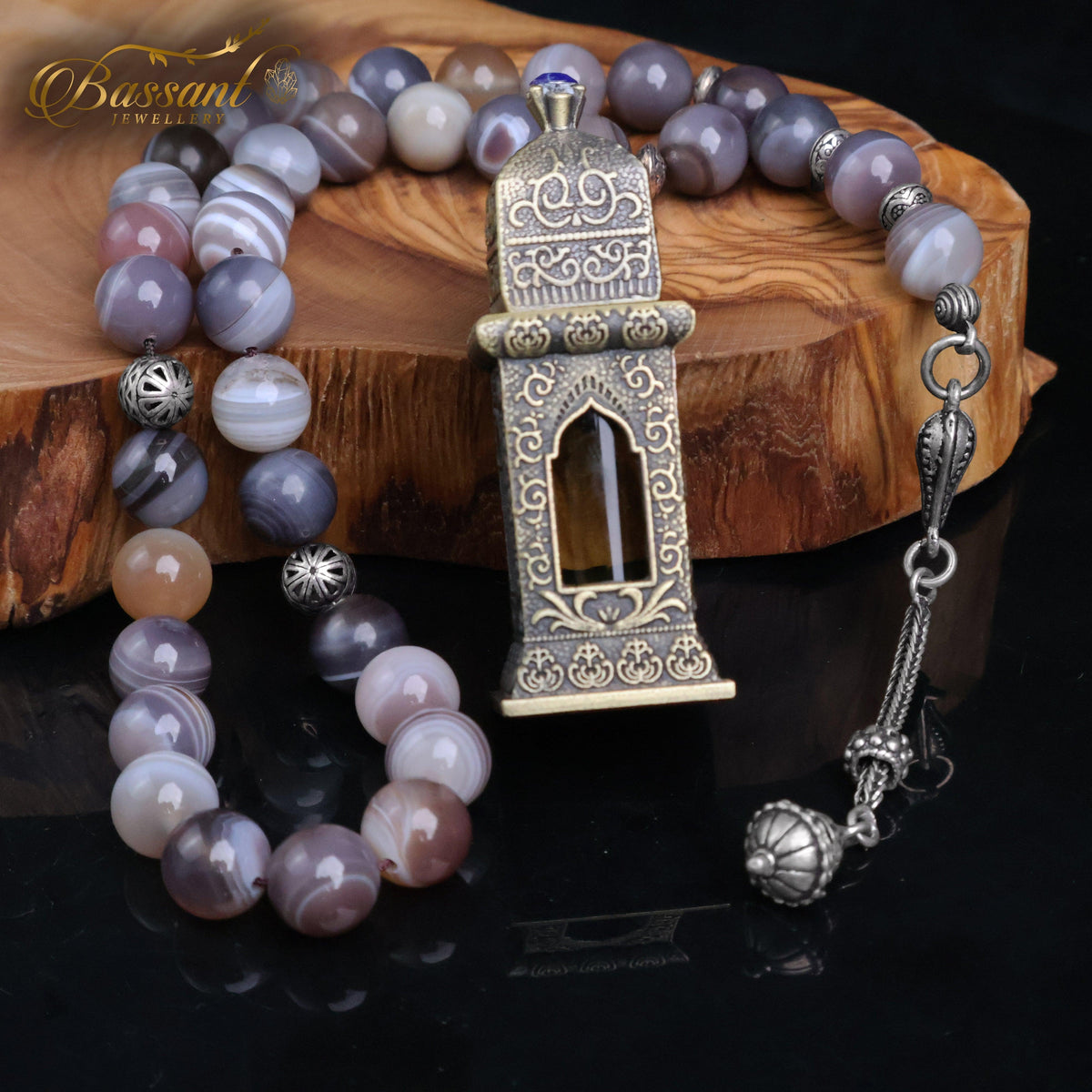سبحة حجر كريم عقيق بوتسوانا | أحجار كريمة و فضة عيار ٩٢٥ | Botswana Agate gemstone Islamic prayer beads - Silver 925 | Bassant Jewellery