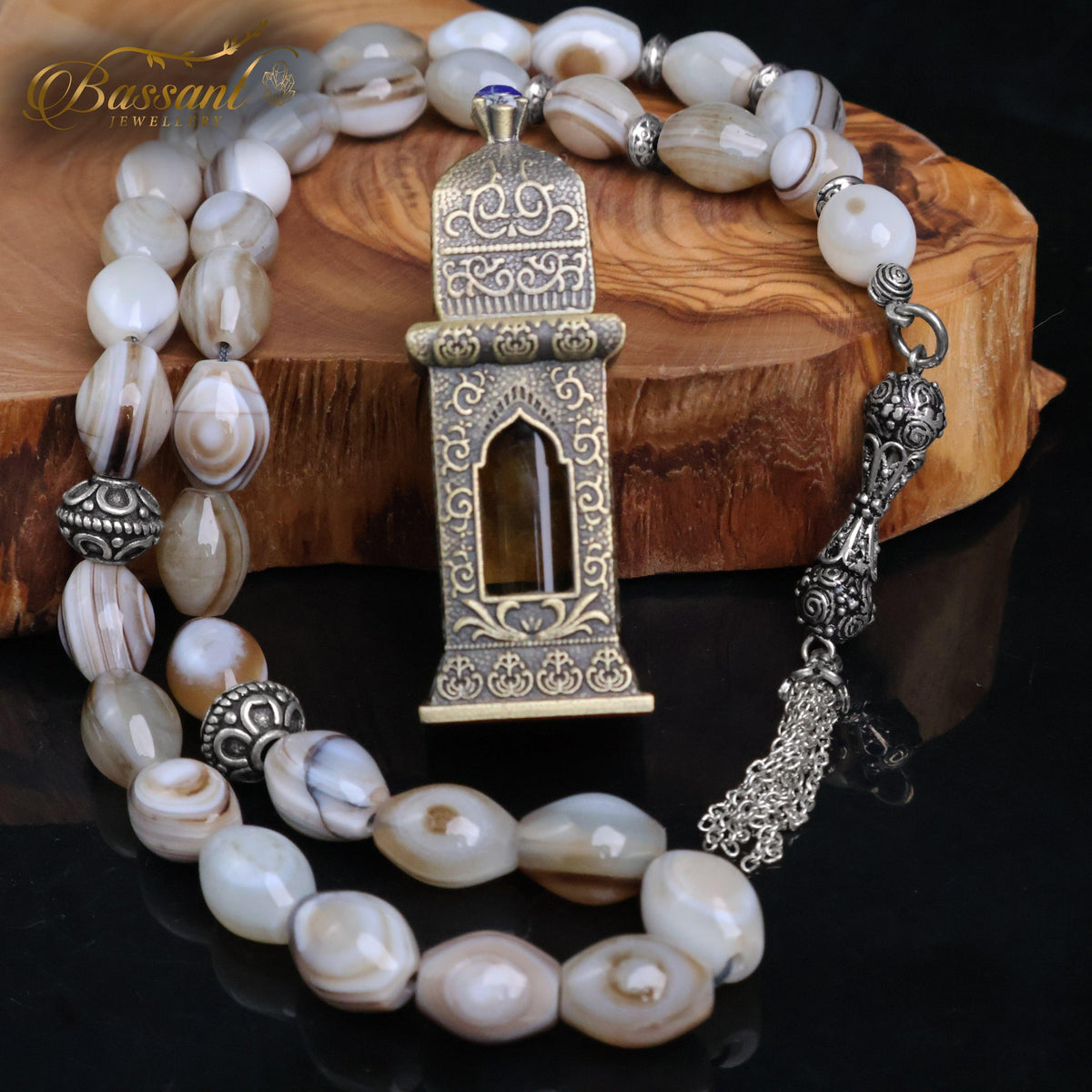 سبحة حجر كريم العقيق السليماني | أحجار كريمة و فضة عيار ٩٢٥ | Suleiman Agate gemstone Islamic prayer beads - Silver 925 | Bassant Jewellery