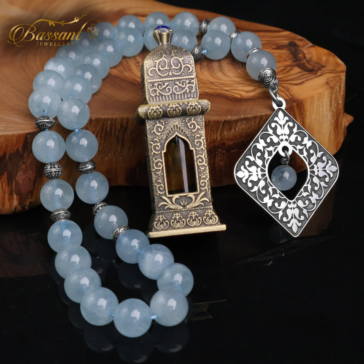 سبحة حجر كريم الأكوامارين | أحجار كريمة و فضة عيار ٩٢٥ | Aquamarine gemstone Islamic prayer beads - Silver 925 | Bassant Jewellery