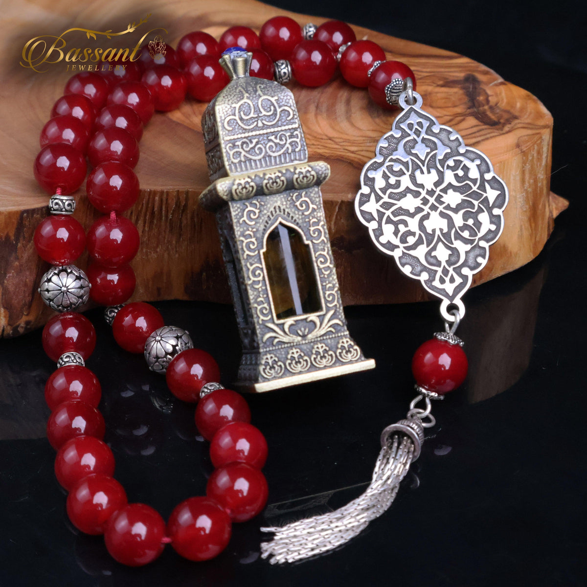 سبحة حجر كريم العقيق الأحمر | أحجار كريمة و فضة عيار ٩٢٥ | Red Agate gemstone Islamic prayer beads - Silver 925 | Bassant Jewellery