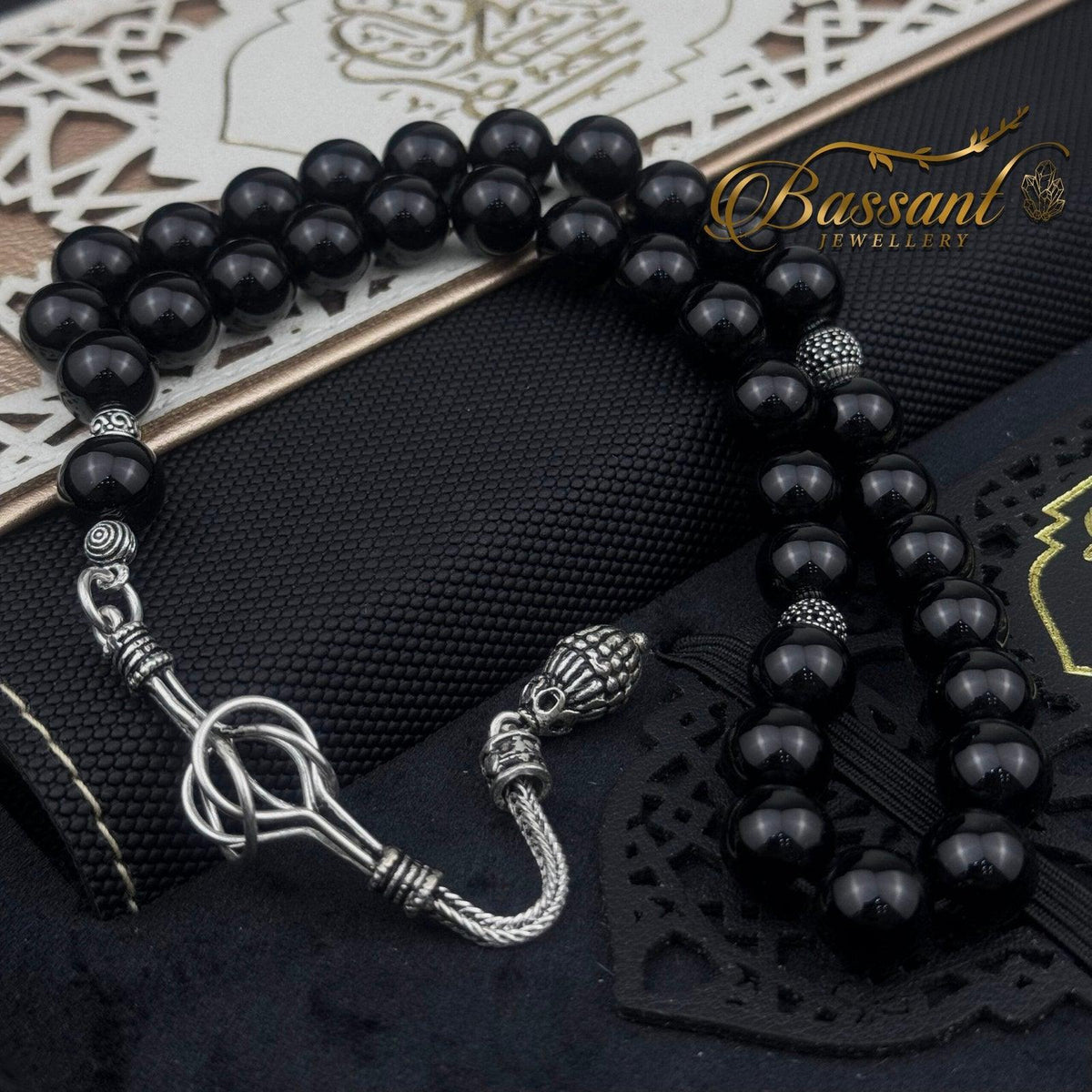 مسبحة عقيق أسود شرابة فضة ٣٣ خرزة فضة ٩٢٥ | Black Agate Silver Tassel Misbaha 33 Beads Silver 925 | Bassant Jewellery
